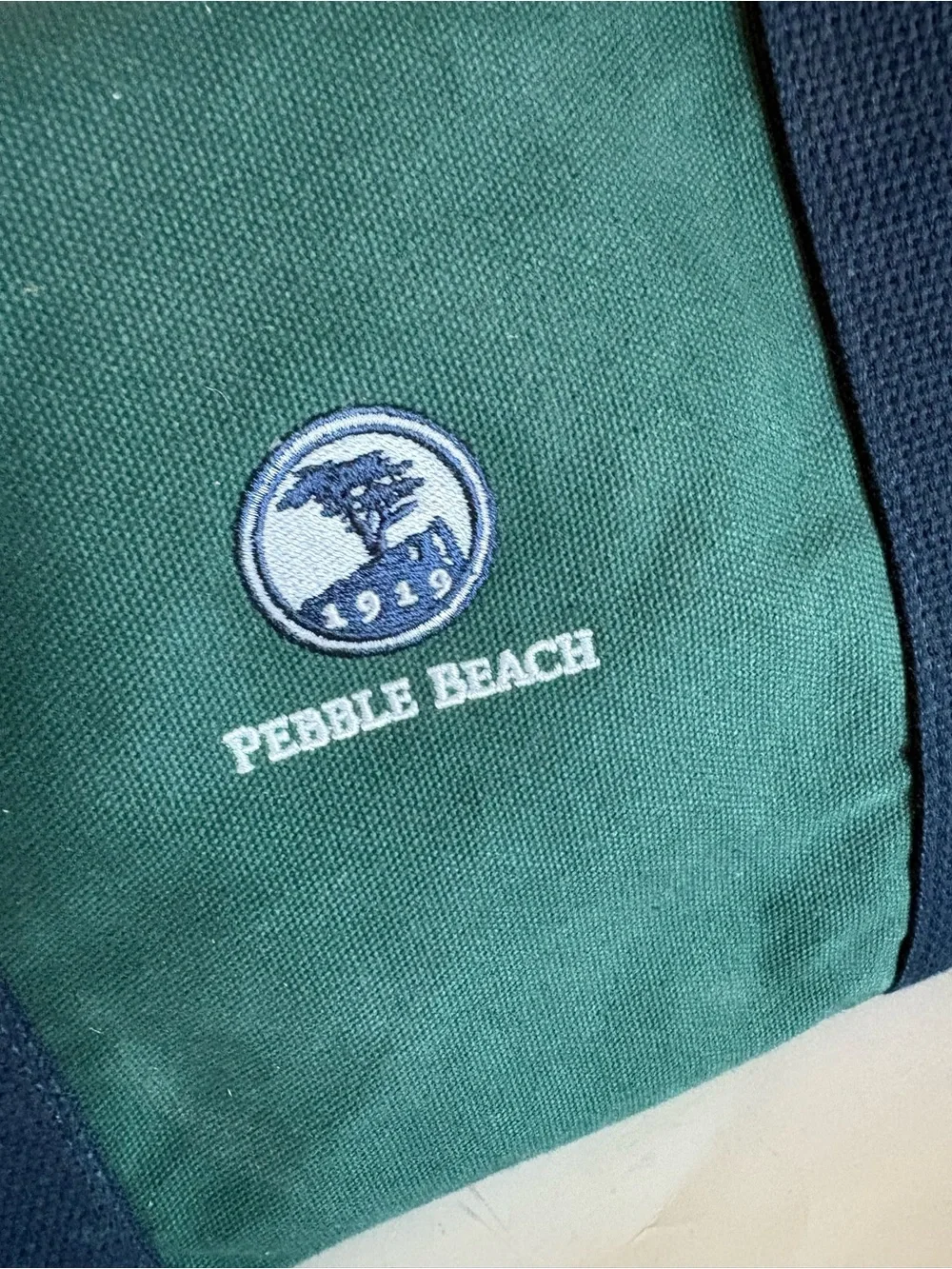 Hudson Sutler Pebble Beach Green Canvas leather Duffel Bag with Navy Straps
